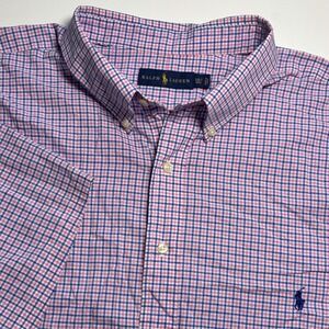 Ralph Lauren Gingham Check Men 3XLT Tall Button Down Short Sleeve Shirt Pink